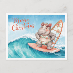 Cartes Pour Fêtes Annuelles Hippopotame surfeur sur planche de surf pendant le