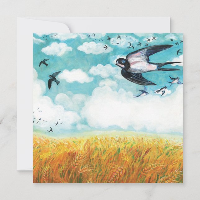 Cartes Pour Fêtes Annuelles Hirondelles survolant le champ de blé (Devant)