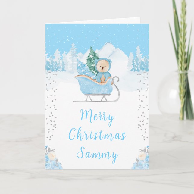 Cartes Pour Fêtes Annuelles Hiver Bear Bleu Sleigh Joyeux Noël (Devant)