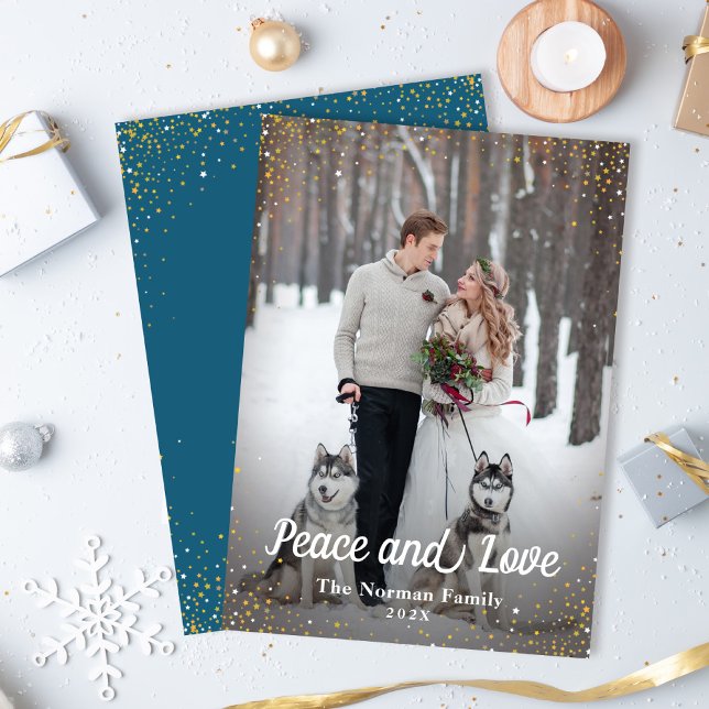 Cartes Pour Fêtes Annuelles Hiver Blue Gold Parties scintillant Paix et amour  (Créateur téléchargé)