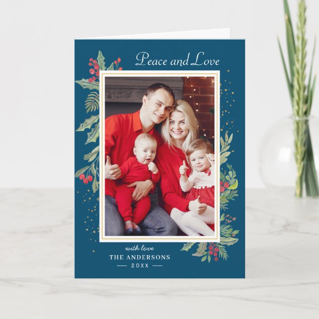 Cartes Pour Fêtes Annuelles Hiver Blue Peace and Love Holly Berries Photo (Devant)