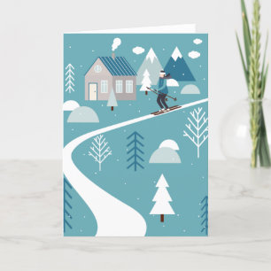 Cartes Pour Fêtes Annuelles Hiver Fantaisiste Ski dans le Bleu Turquoise
