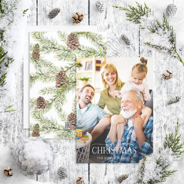Cartes Pour Fêtes Annuelles Hiver Fir Cone Joyeux Noël Script Photo Vacances (Créateur téléchargé)