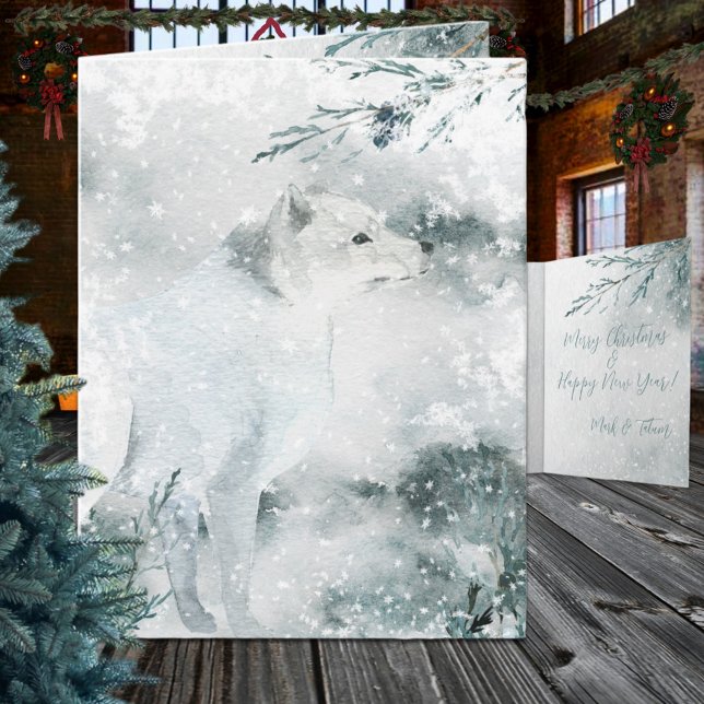 Cartes Pour Fêtes Annuelles Hiver Neige Blanc Renard Arctique Dans La Nature (Snowy Winter White Arctic Fox In The Wild Christmas Holiday Wraparound Graphics Folded Card)