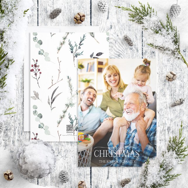 Cartes Pour Fêtes Annuelles Hiver Noir Botanique Joyeux Noël Photo Vacances (Créateur téléchargé)