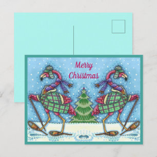 CARTES POUR FÊTES ANNUELLES HIVER SNOWSHOOWS & COAT PINK FLAMANT ROSE TREKKING