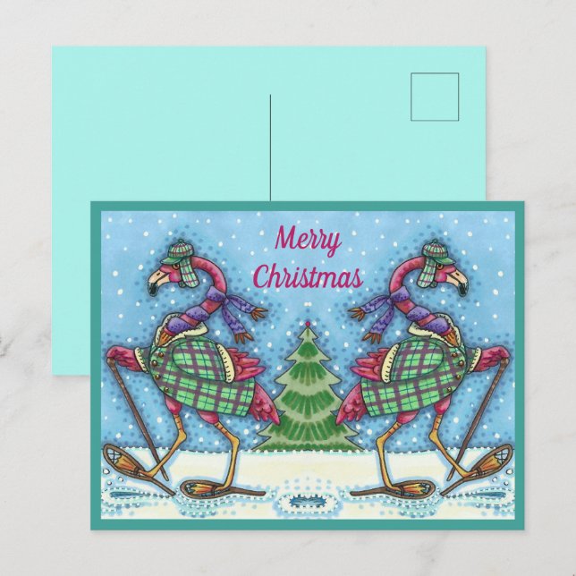 CARTES POUR FÊTES ANNUELLES HIVER SNOWSHOOWS & COAT PINK FLAMANT ROSE TREKKING (Devant / Derrière)
