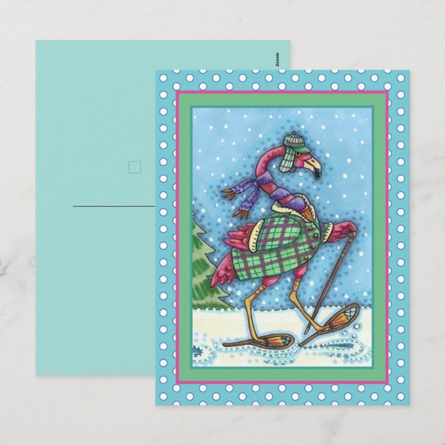 CARTES POUR FÊTES ANNUELLES HIVER SNOWSHOOWS & COAT PINK FLAMANT ROSE TREKKING (Devant / Derrière)