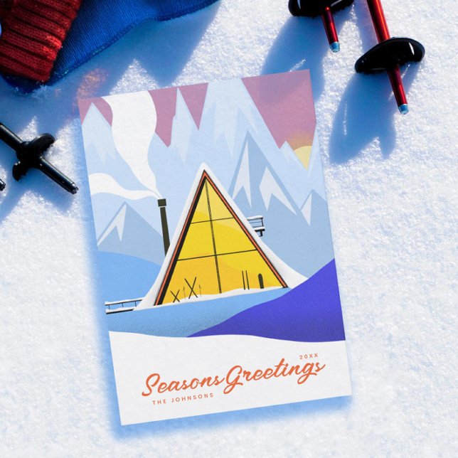 Cartes Pour Fêtes Annuelles Hiver Un Cadre Chalet De Ski Retro (Créateur téléchargé)