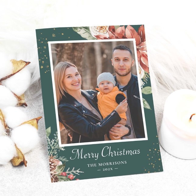 Cartes Pour Fêtes Annuelles Hiver Vert Rouge Floral Joyeux Noël Photo (Créateur téléchargé)