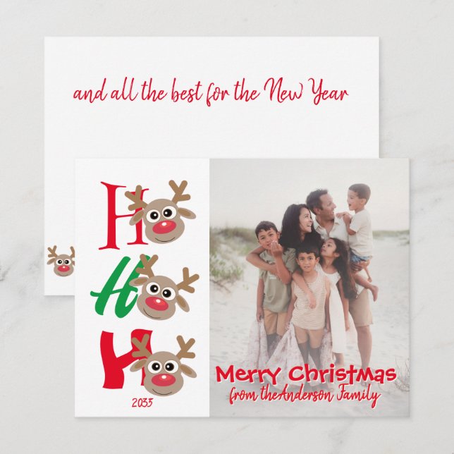 Cartes Pour Fêtes Annuelles Ho Ho Ho Merry Christmas Reindeer Family Photo (Devant / Derrière)