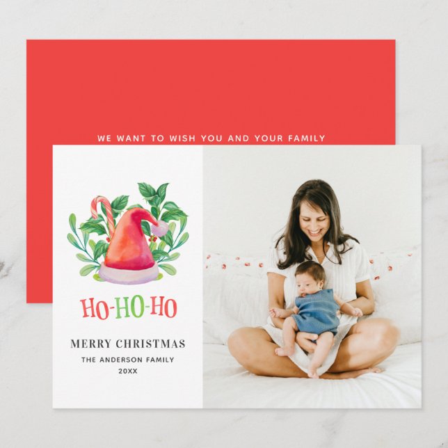 Cartes Pour Fêtes Annuelles Ho Ho Ho. Noël aquarelle fleuri. Père Noël (Devant / Derrière)