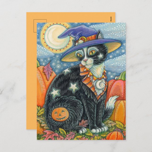 CARTES POUR FÊTES ANNUELLES HOCUS POCUS NOIR CAT WITCH & MOUSE HALLOWEEN (Devant / Derrière)