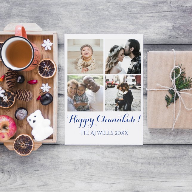 Cartes Pour Fêtes Annuelles Holiday 4 Photos Happy Chanukah Family White (Créateur téléchargé)
