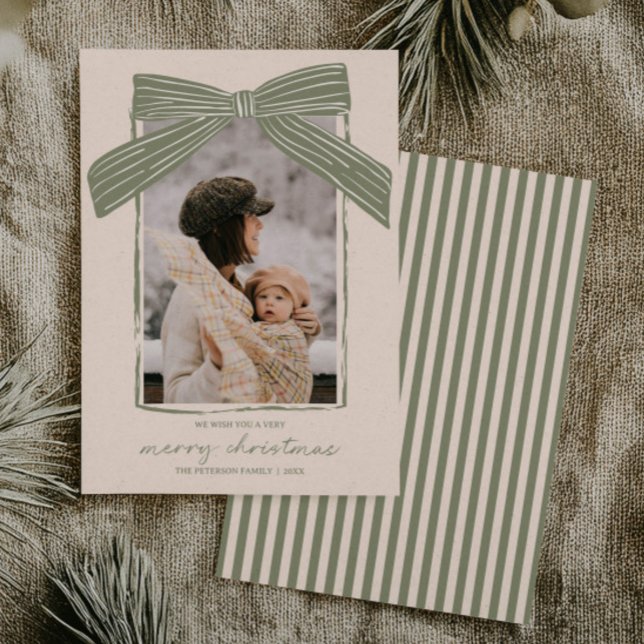 Cartes Pour Fêtes Annuelles Holiday Family Photo Card Christmas Bow Stripe (Créateur téléchargé)