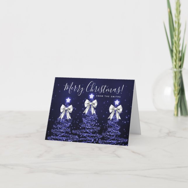 Cartes Pour Fêtes Annuelles Holiday Navy Blue Christmas Trees Greeting Silver  (Devant)