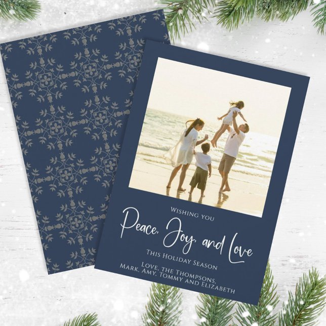 Cartes Pour Fêtes Annuelles Holiday Peace Jove Love Elegant Snowflakes 1 Photo (Christmas holiday simple peace, joy, and love navy blue photo card. )