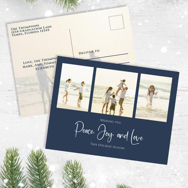 Cartes Pour Fêtes Annuelles Holiday Peace Jove Love Elegant Snowflakes 4 Photo (Christmas holiday simple photo postcard template with an elegant navy blue design. )