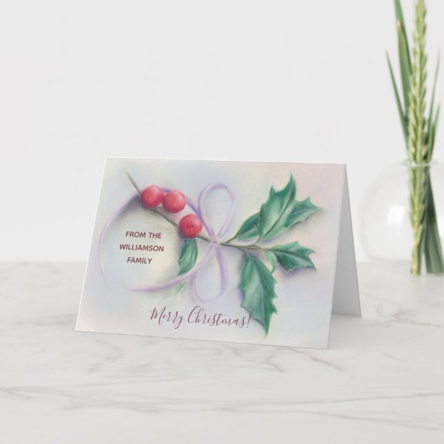 Cartes Pour Fêtes Annuelles Holly avec Bow Pastel Noël personnalisé (Devant)
