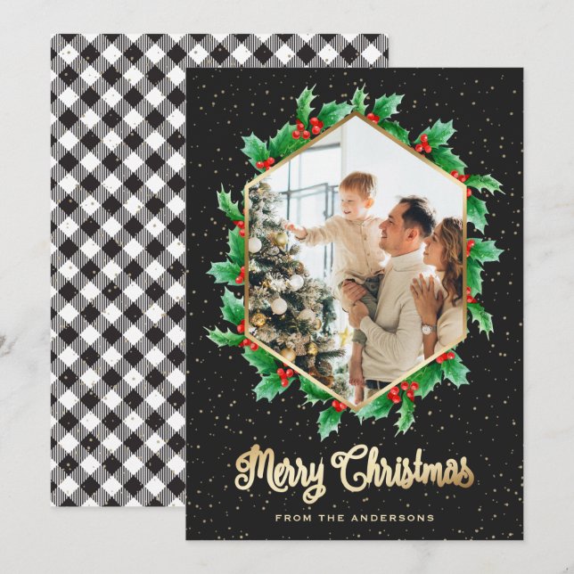Cartes Pour Fêtes Annuelles Holly Berries Black Gold Plaid Photo Noël (Devant / Derrière)