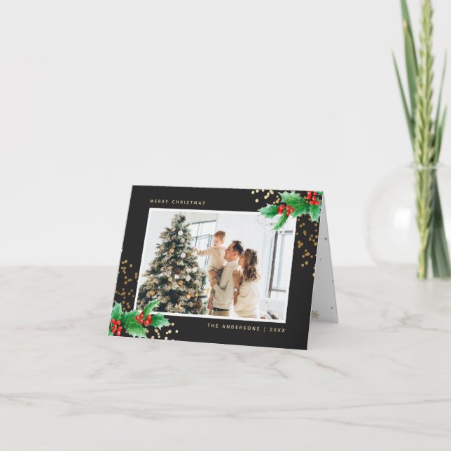 Cartes Pour Fêtes Annuelles Holly Berries Black Gold Snowflake Photo Noël (Devant)