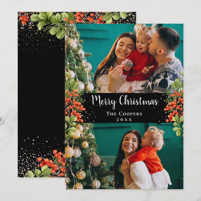 Cartes Pour Fêtes Annuelles Holly Berries Gold Parties scintillant Joyeux Noël (Devant / Derrière)