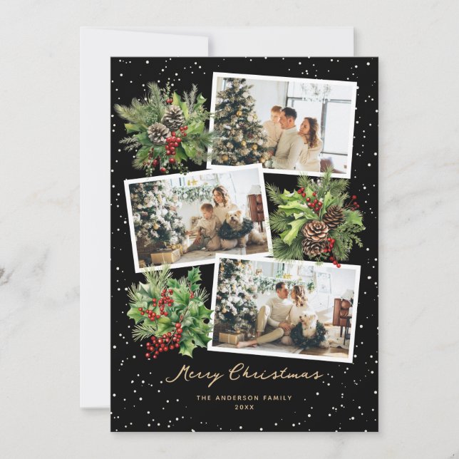 Cartes Pour Fêtes Annuelles Holly Berries Pine Cones Black Photo Noël (Devant)