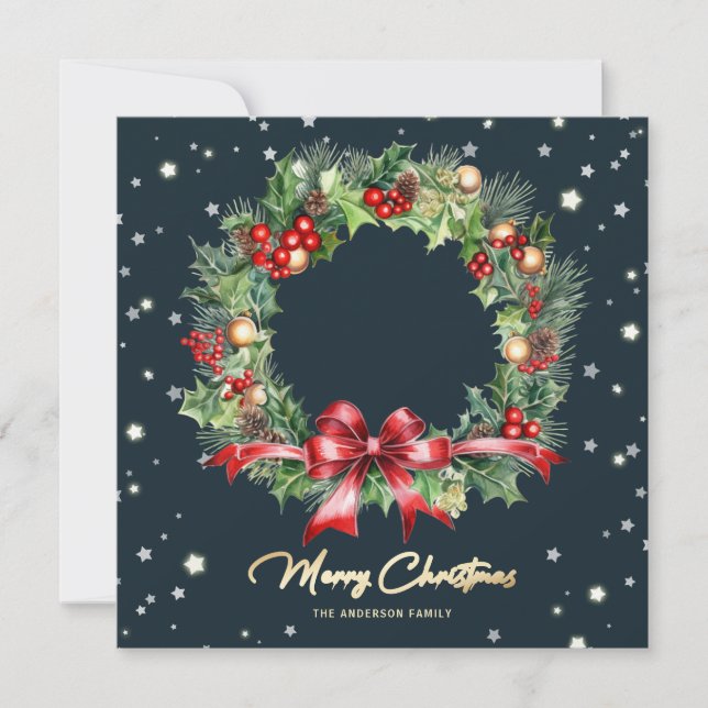 Cartes Pour Fêtes Annuelles Holly Berries Pine Cones Wreath Photo (Devant)