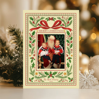 Cartes Pour Fêtes Annuelles Holly Berries & Red Ribbon Vintage Painted
