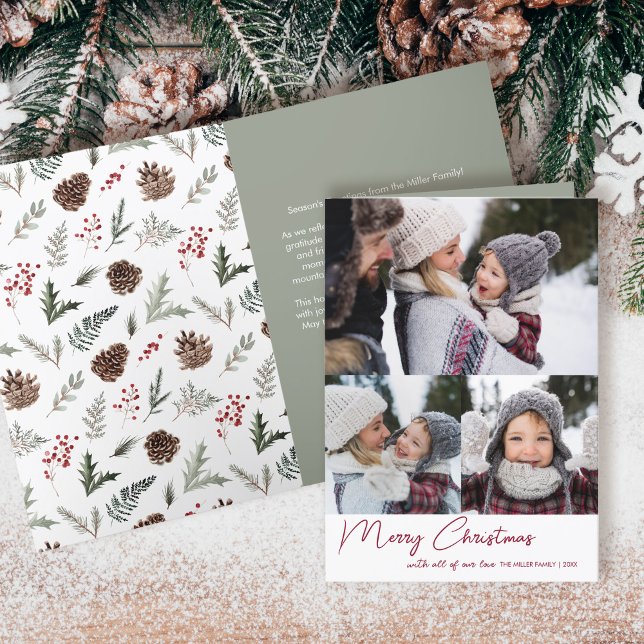 Cartes Pour Fêtes Annuelles Holly Berry Christmas Modern Three Photo (Créateur téléchargé)