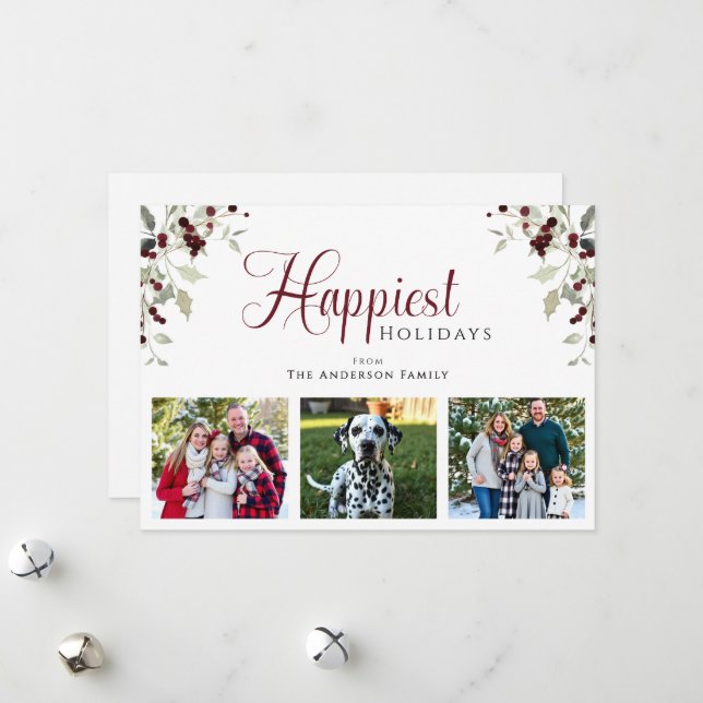 Cartes Pour Fêtes Annuelles Holly Berry Happiest Holidays Photo Christmas (Devant/Arrière en situation)