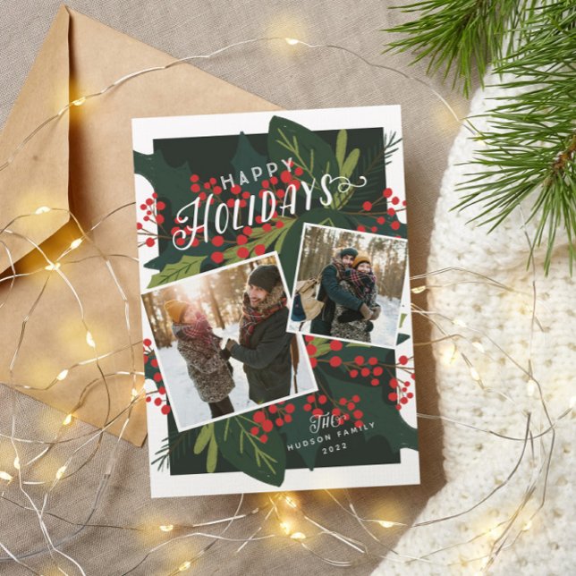 Cartes Pour Fêtes Annuelles Holly Days Berry Tilted 2 Photos (Créateur téléchargé)