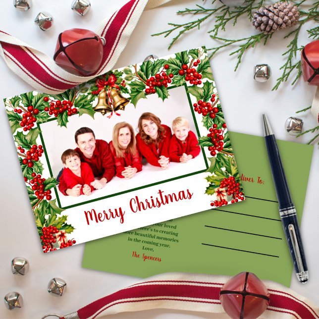 Cartes Pour Fêtes Annuelles Holly Feuilles et Berries Joyeux Noël Photo (Créateur téléchargé)