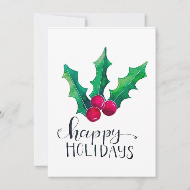 Cartes Pour Fêtes Annuelles Holly - Happy Holidays Aquarelle FLAT (Devant)