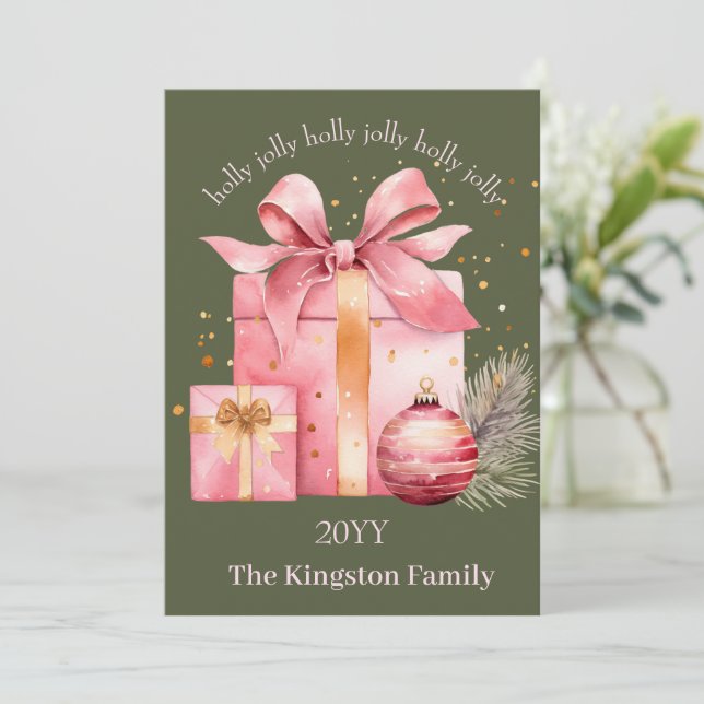 Cartes Pour Fêtes Annuelles Holly Jolly Aquarelle Noël voeux cadeaux (Debout devant)