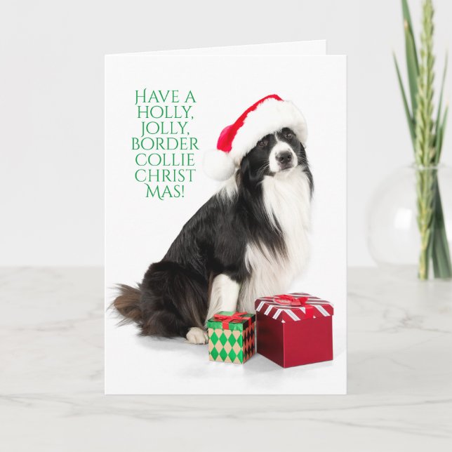Cartes Pour Fêtes Annuelles Holly Jolly Bordure Collie Noël Avec Cadeaux (Devant)
