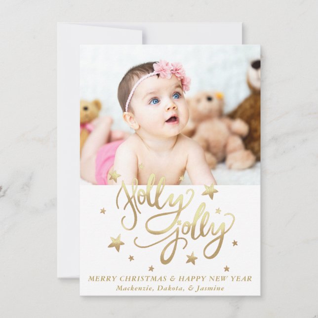 Cartes Pour Fêtes Annuelles Holly Jolly | Élégant script de faux or (Devant)
