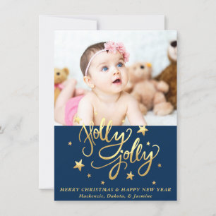 Cartes Pour Fêtes Annuelles Holly Jolly Élégante photo de script de faux or