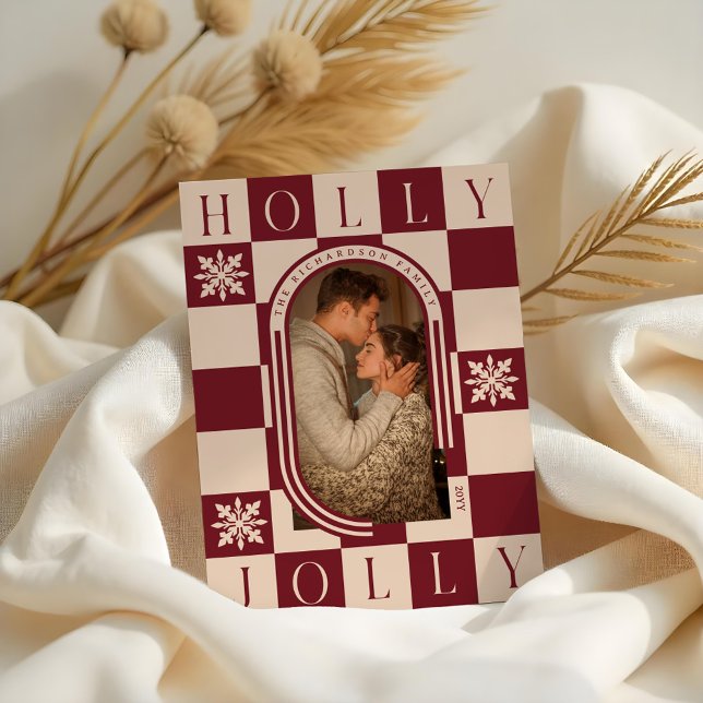 Cartes Pour Fêtes Annuelles Holly Jolly Retro Checker Arch de Noël Photo (Holly Jolly Retro Checker Christmas Arch Photo Holiday Card)