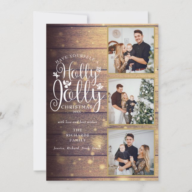 Cartes Pour Fêtes Annuelles Holly Jolly Rustique Bois 3 Photos Collage (Devant)