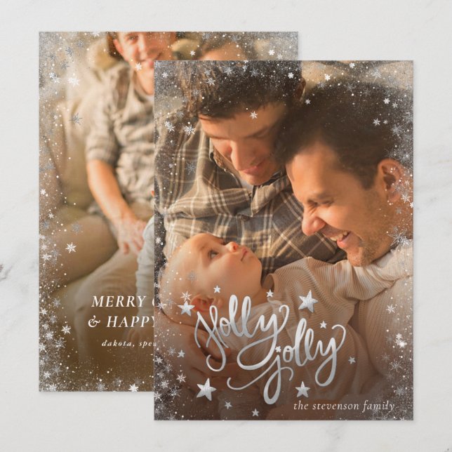 Cartes Pour Fêtes Annuelles Holly Jolly Silver| 2 Script Confetti Star Photo (Devant / Derrière)