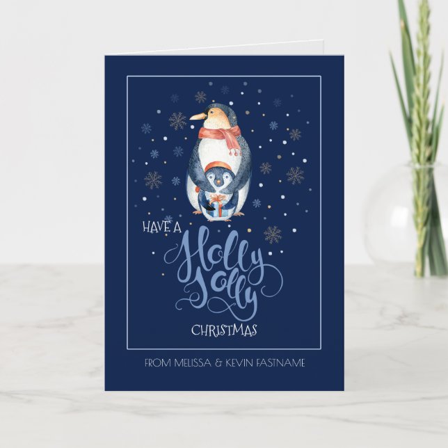 Cartes Pour Fêtes Annuelles Holly Jolly Typographie et Pinguin de Noël (Devant)