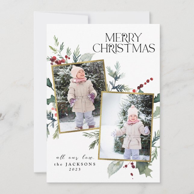Cartes Pour Fêtes Annuelles Holly Joyeux Noël 2 Photo Collage Pineneedle (Devant)