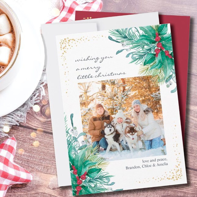 Cartes Pour Fêtes Annuelles Holly Mistletoe Décontracté Script Christmas Photo (Créateur téléchargé)