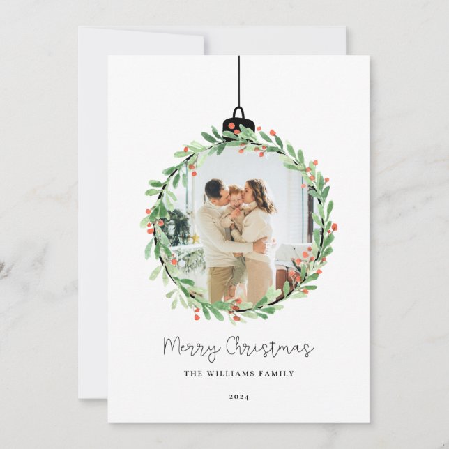 Cartes Pour Fêtes Annuelles Holly Wreath Orament Joyeux Noël Photo (Devant)
