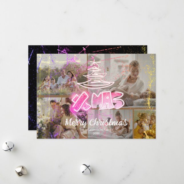 Cartes Pour Fêtes Annuelles Holographique rose Chic Xmas Glow 5 Photos (Devant/Arrière en situation)