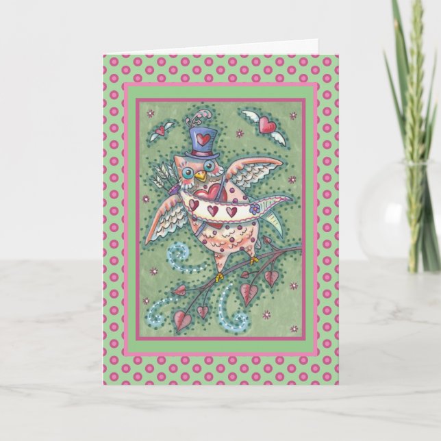 CARTES POUR FÊTES ANNUELLES HOOTS BLANCS N' COEURS CUPID OWL VALENTINE (Devant)