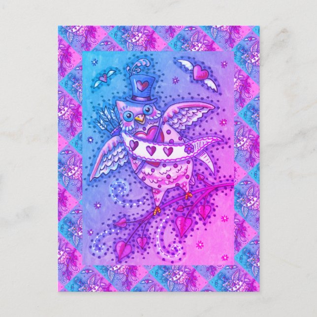 CARTES POUR FÊTES ANNUELLES HOOTS BLANCS N' COEURS CUPID OWL VALENTINE (Devant)