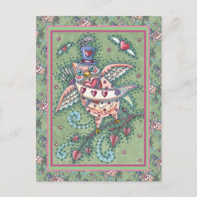 CARTES POUR FÊTES ANNUELLES HOOTS BLANCS N' COEURS CUPID OWL VALENTINE (Devant)