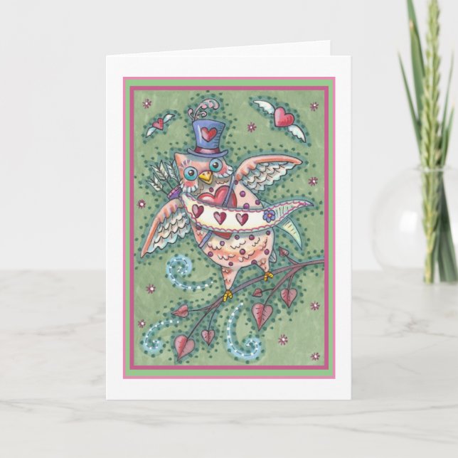 CARTES POUR FÊTES ANNUELLES HOOTS BLANCS N' COEURS CUPID OWL VALENTINE (Devant)